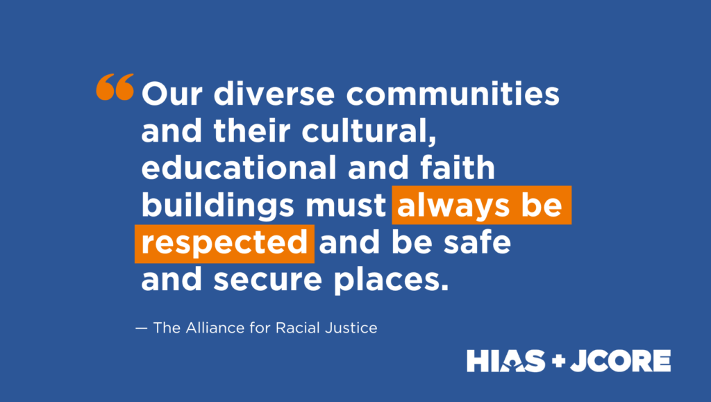 Text reads "Our diverse communities and their cultural, educational and faith buildings must always be respected and be safe and secure places."