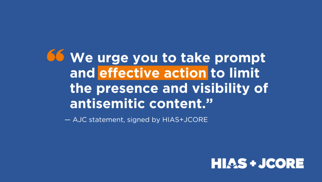 Banner reads: "We urge you to take prompt and effective action to limit the presence and visibility of antisemitic content."