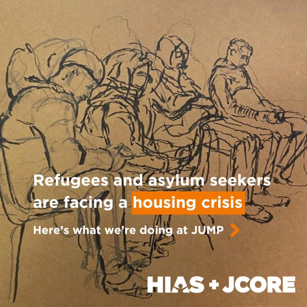 A sketch of a waiting room at a council office. People are drawn sitting on chairs, most of them are looking down and look unhappy. The drawing is in pencil and pen. Imposed is the text: "Refugees and asylum seekers are facing a housing crisis. (Housing crisis is highlighted in orange). Here's what we're doing at JUMP. The text is followed by an orange chevron.