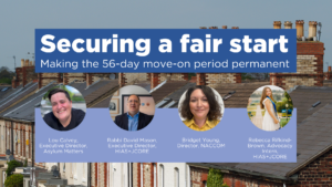 Banner has a background of terraced houses. Imposed at the top is the text: "Securing a fair start. Making the 56-day move-on period permanent." Below are photos of Lou Calvey, Director, Asylum Matters; Rabbi David Mason, Executive Director, HIAS+JCORE; Bridget Young, Director, Naccom; and Rebecca Rifkind-Brown, Advocacy Intern, HIAS+JCORE.